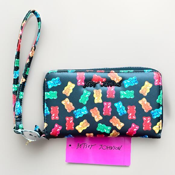 Betsey Johnson Handbags - NWT BETSEY JOHNSON BLK Faux LTR Rainbow Gummy Bear Zip Wallet Wristlet XOKARA